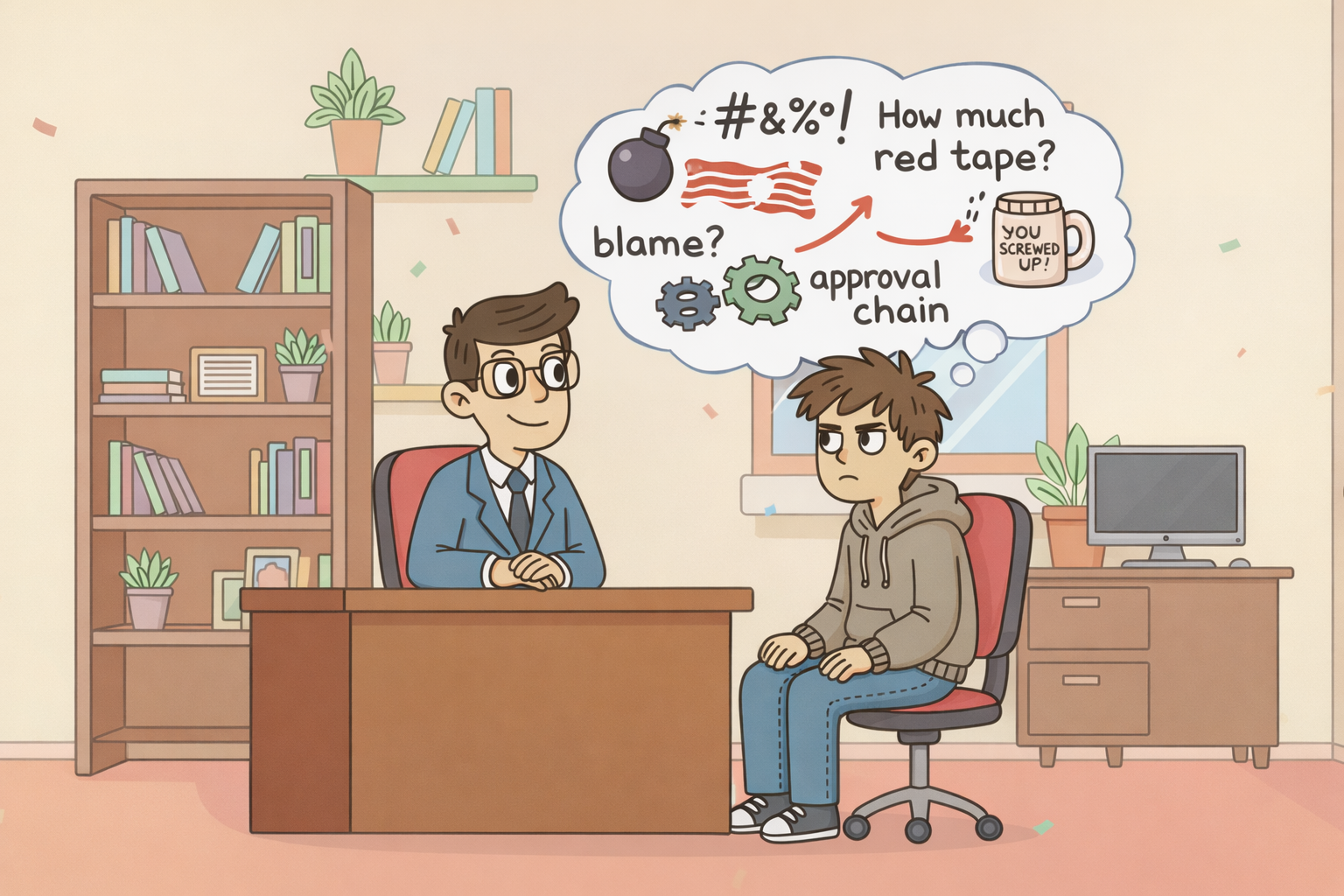 Two people at a desk with a thought bubble showing bureaucracy and blame